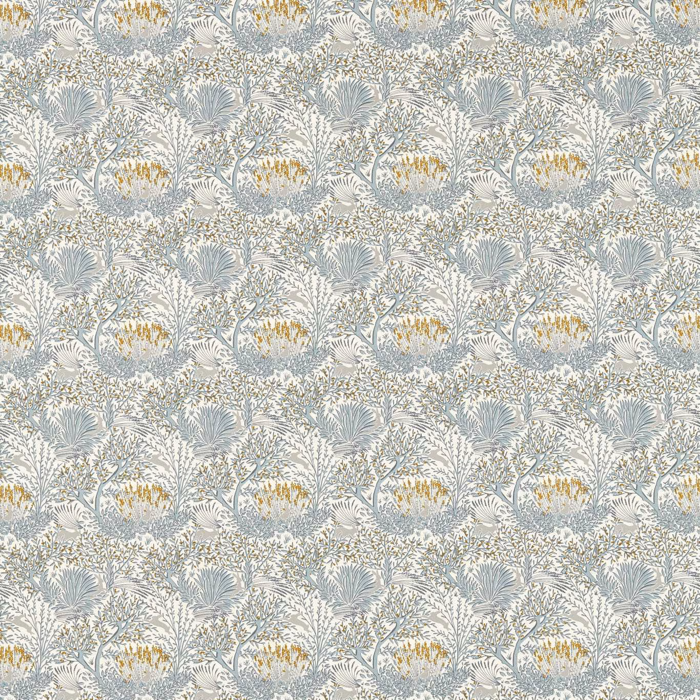 Dense botanical repeat in pale ivory, washed denim-blue foliage and ochre-gold accents