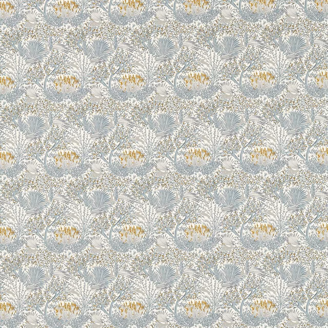 Dense botanical repeat in pale ivory, washed denim-blue foliage and ochre-gold accents