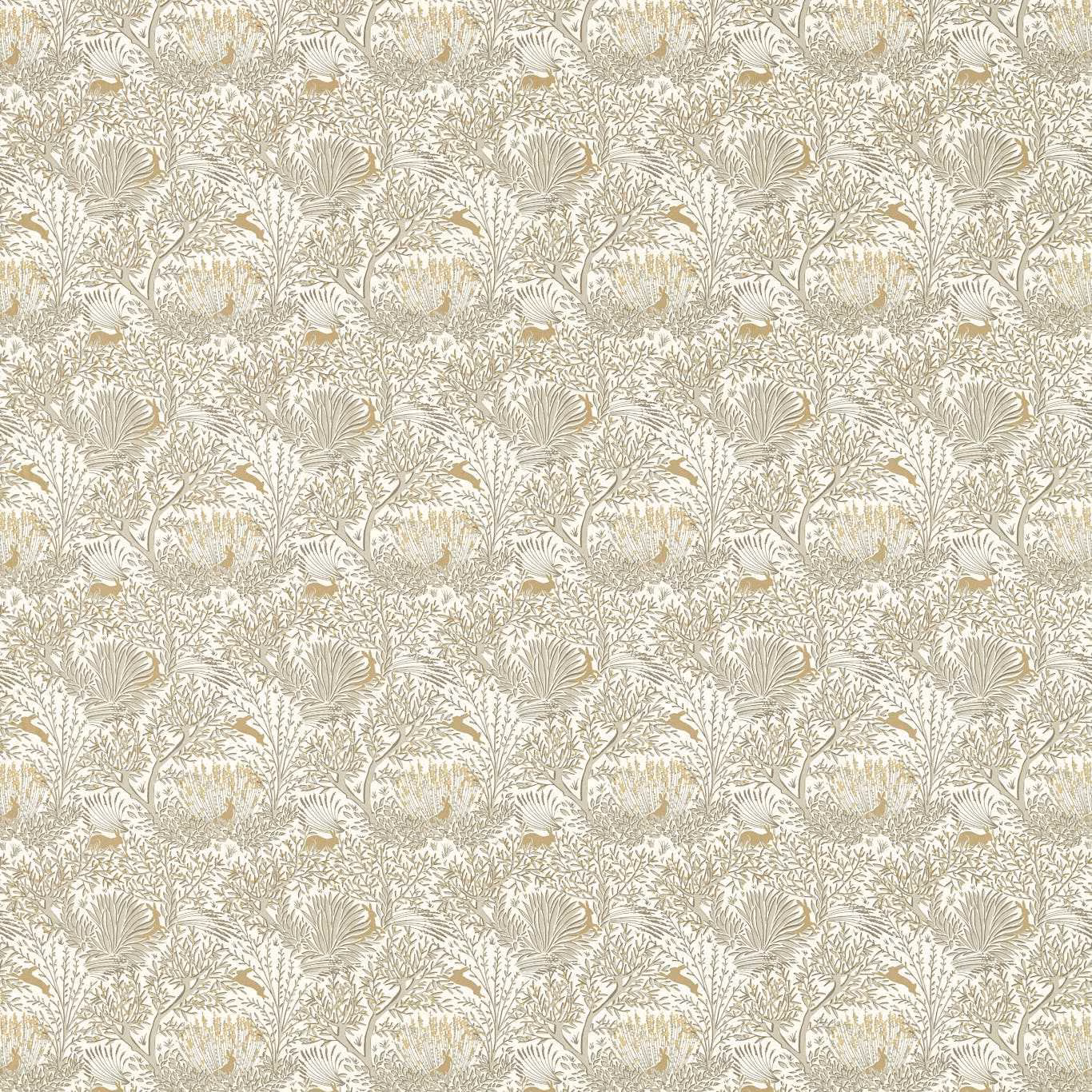 Pale natural botanical fabric with taupe foliage, fan leaves and small birds
