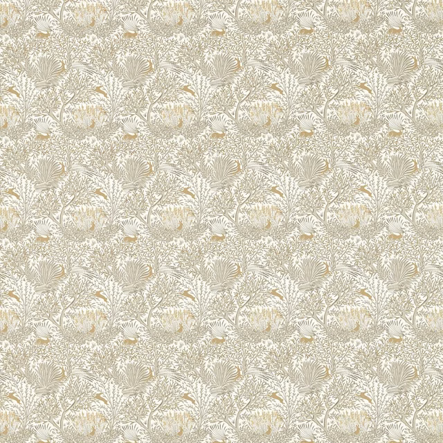 Pale natural botanical fabric with taupe foliage, fan leaves and small birds