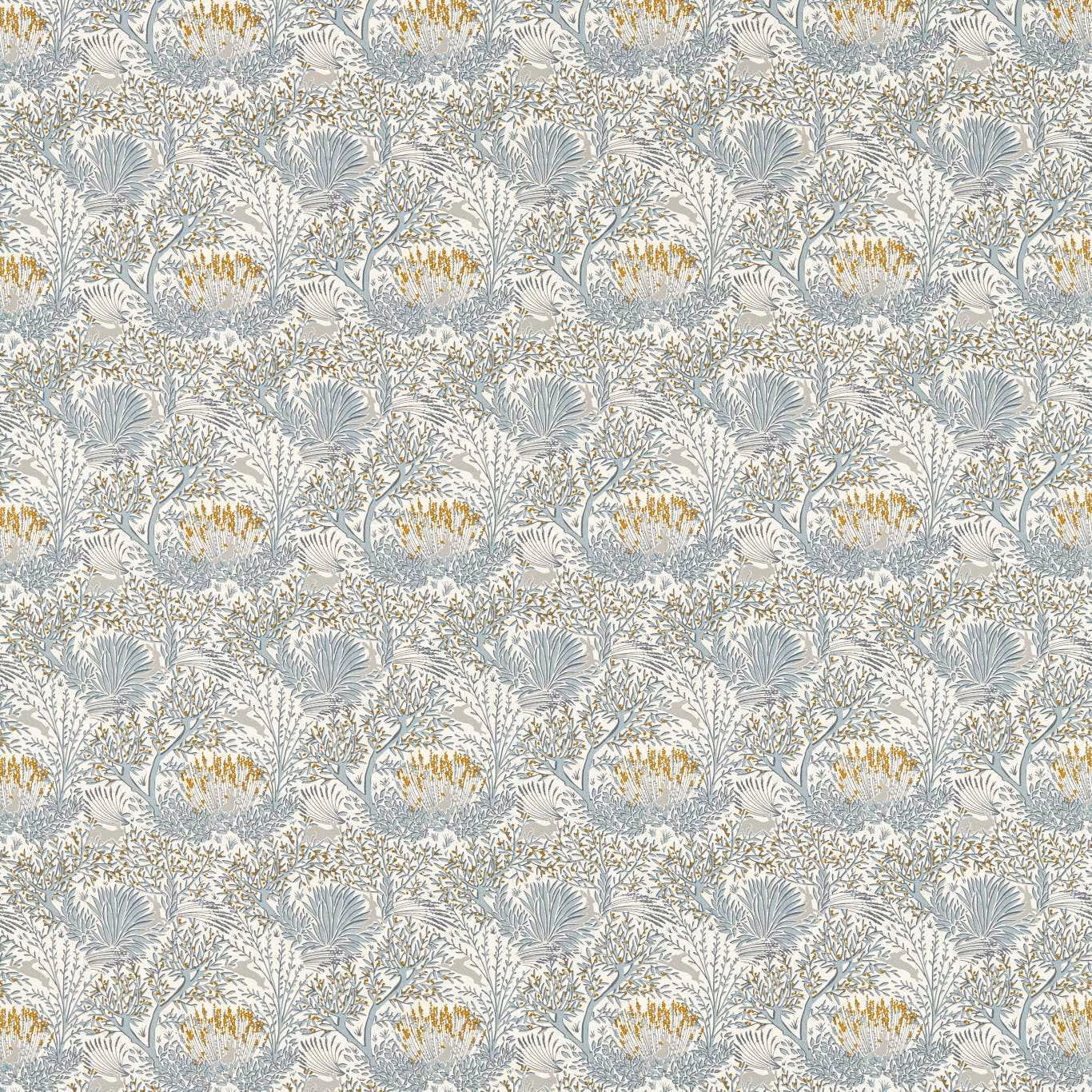 Pale denim-blue botanical repeat with grey foliage and mustard-gold accents