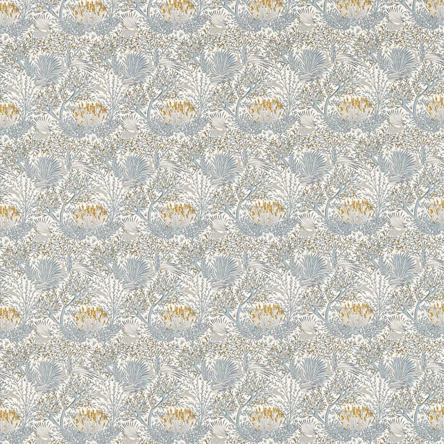 Pale denim-blue botanical repeat with grey foliage and mustard-gold accents