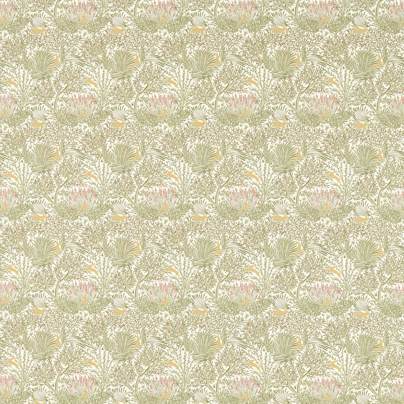 Soft sage botanical repeat with blush flowers and yellow accents on a cream ground
