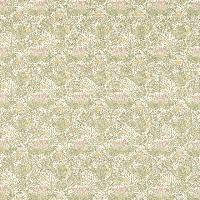 Soft sage botanical repeat with blush flowers and yellow accents on a cream ground