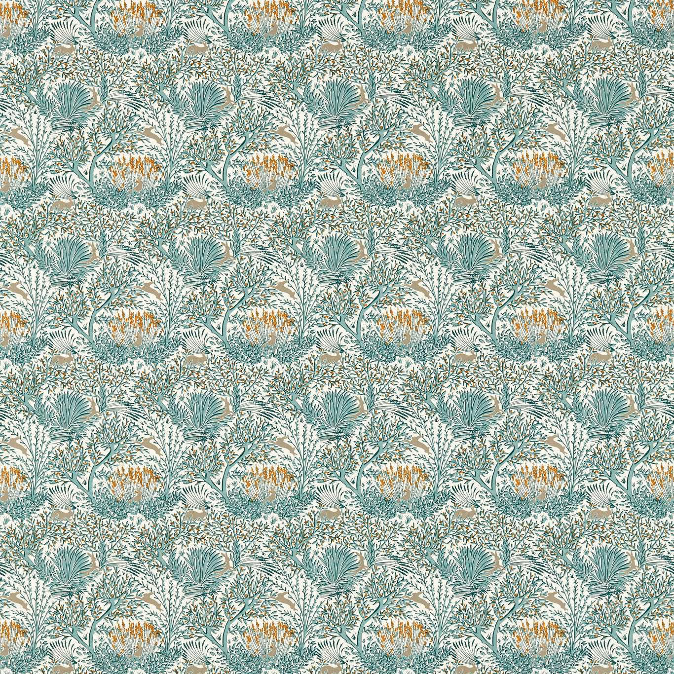Muted teal foliage with spice-gold botanical accents on an ivory ground