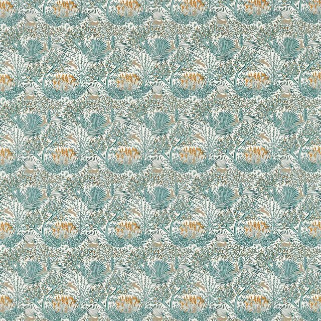 Muted teal foliage with spice-gold botanical accents on an ivory ground