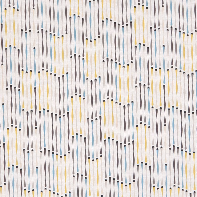 Charcoal and chartreuse elongated vertical motifs on a pale woven ground