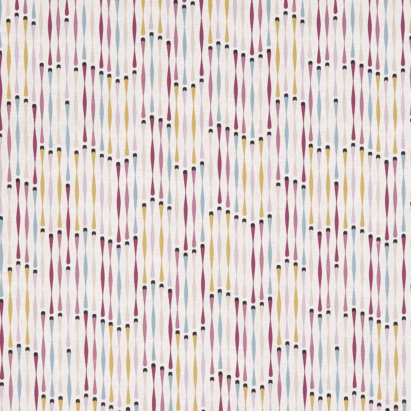 Ivory fabric with dense damson, ochre and pale blue tapered motifs