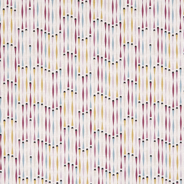 Ivory fabric with dense damson, ochre and pale blue tapered motifs