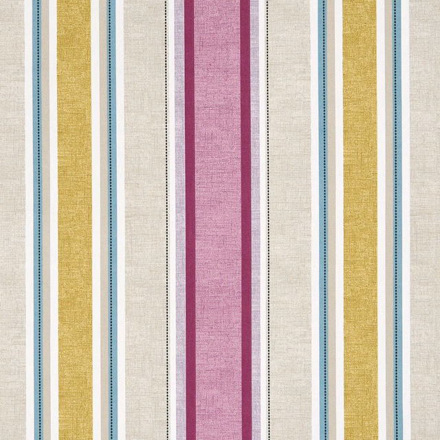 Damson plum and ochre vertical stripes with fine teal dotted lines