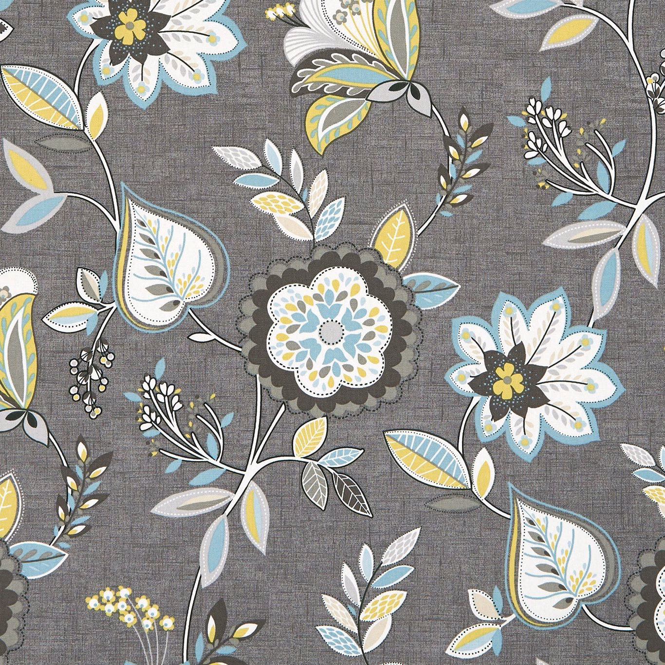 Charcoal crosshatched fabric with chartreuse, aqua and white scrolling floral motifs