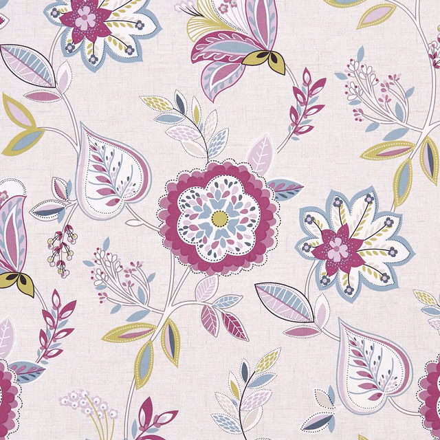 Pale woven floral fabric with damson flowers, paisley leaves and muted blue accents