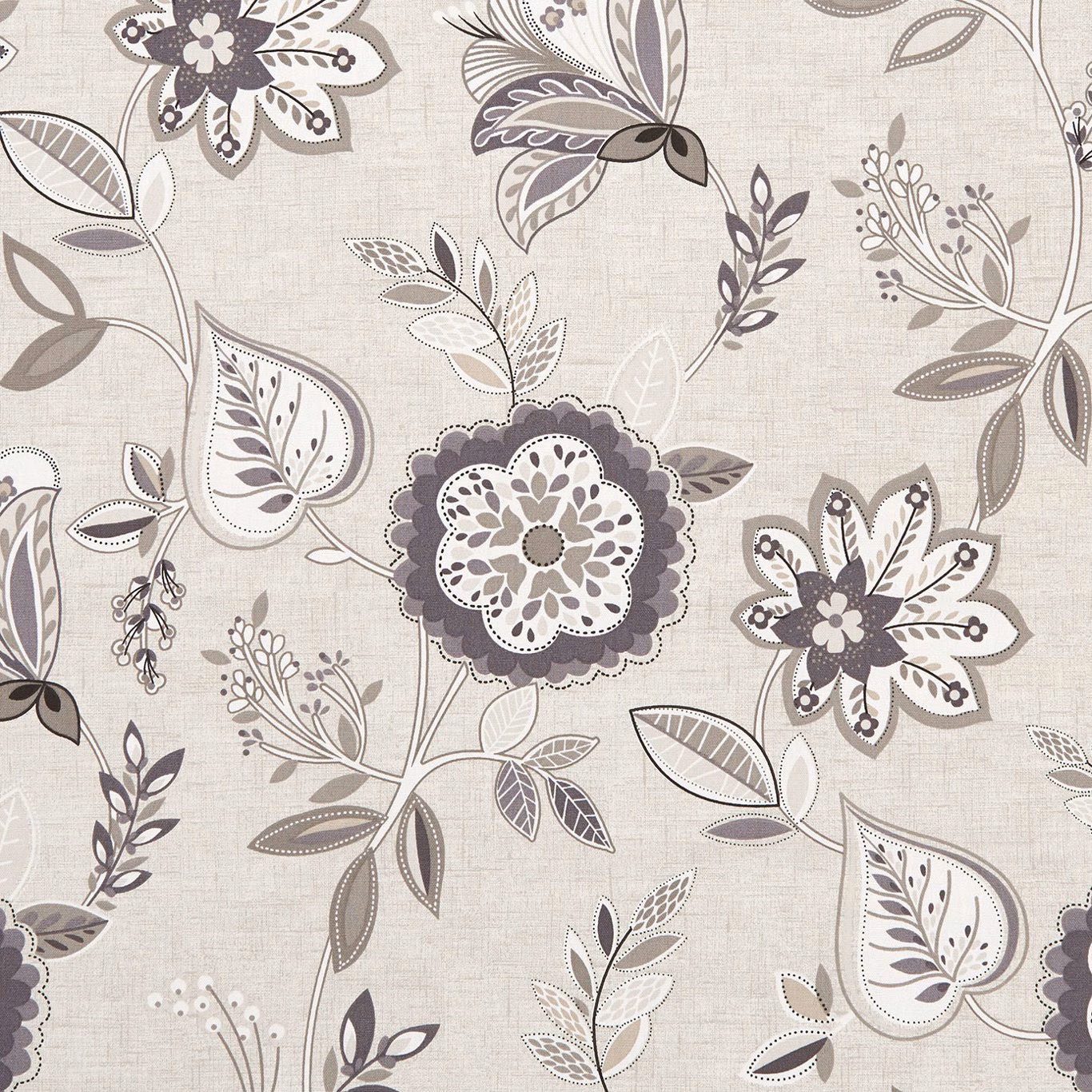Natural beige botanical fabric with taupe paisleys, flowers and fine woven texture