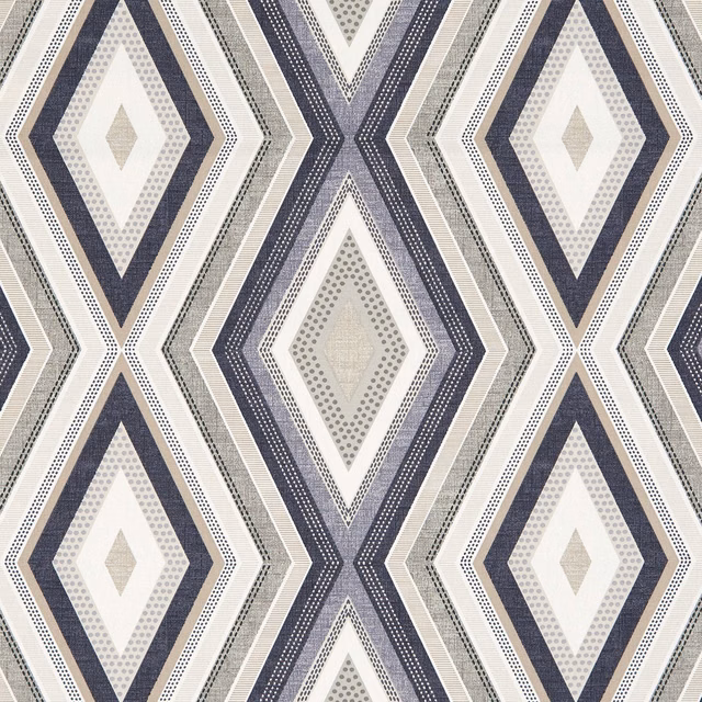 Cream geometric fabric with charcoal navy diamond bands and dotted inner motifs