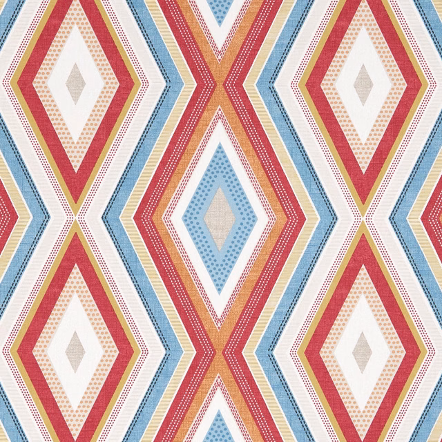 Berry red and powder blue diamond weave with cream grounds and olive accents