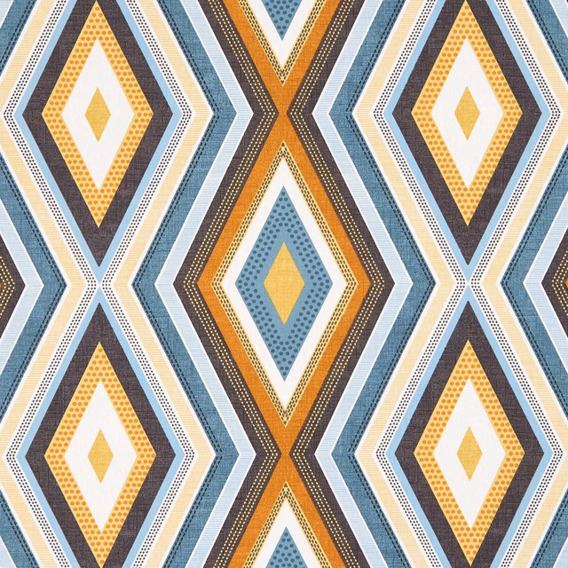 Teal, ochre and cream geometric diamond fabric with a tactile dotted texture
