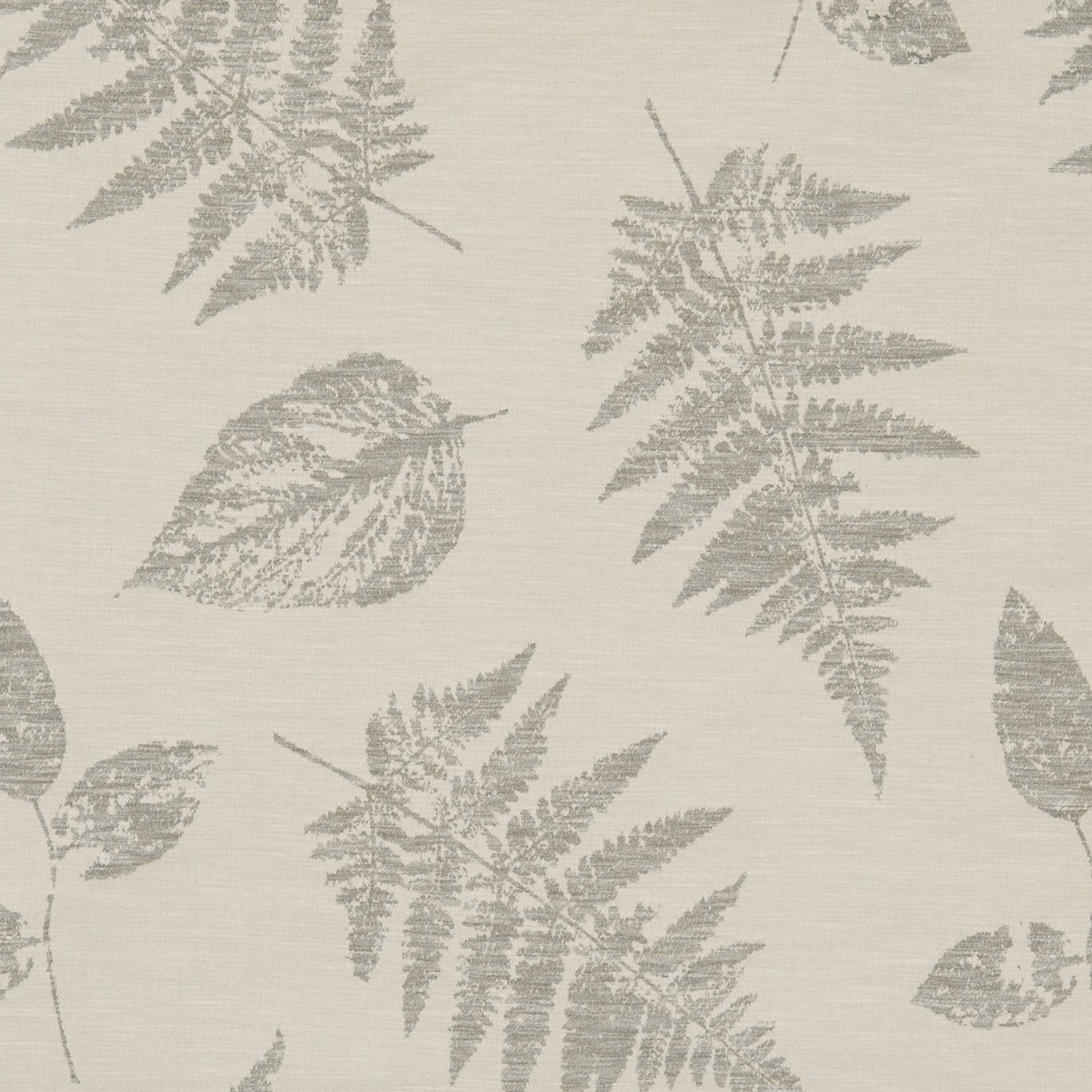 Pale pebble fabric with softly grey fern fronds and scattered leaf motifs
