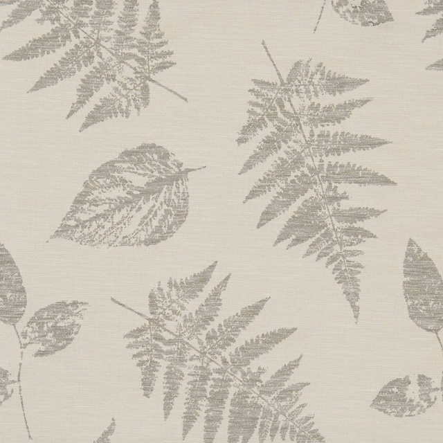 Pale pebble fabric with softly grey fern fronds and scattered leaf motifs