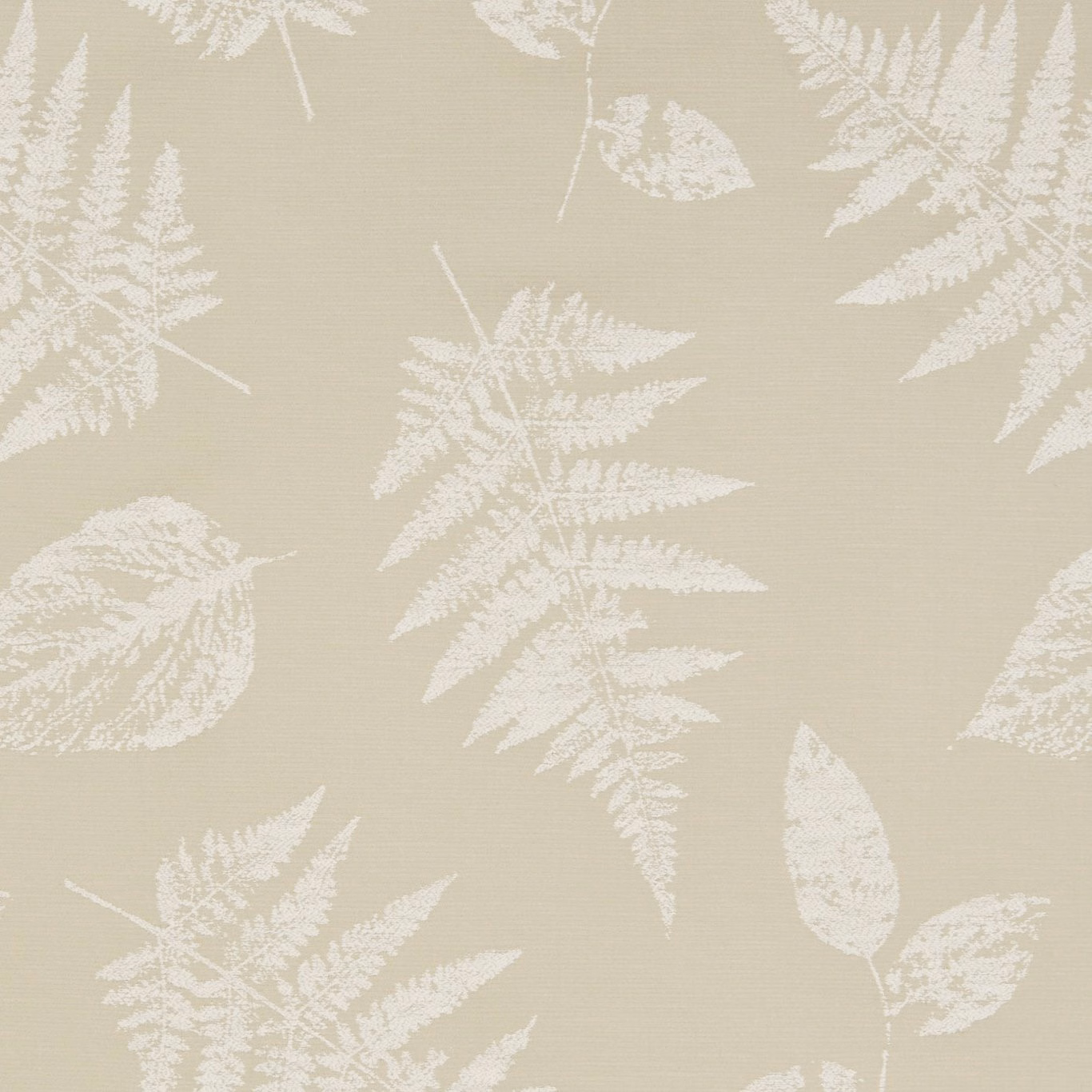 Sand beige woven fabric with ivory fern fronds and scattered leaf silhouettes