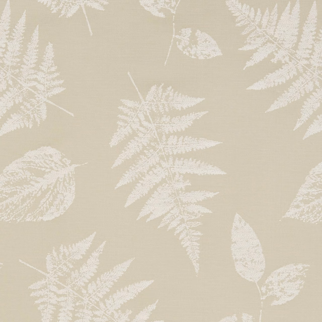 Sand beige woven fabric with ivory fern fronds and scattered leaf silhouettes