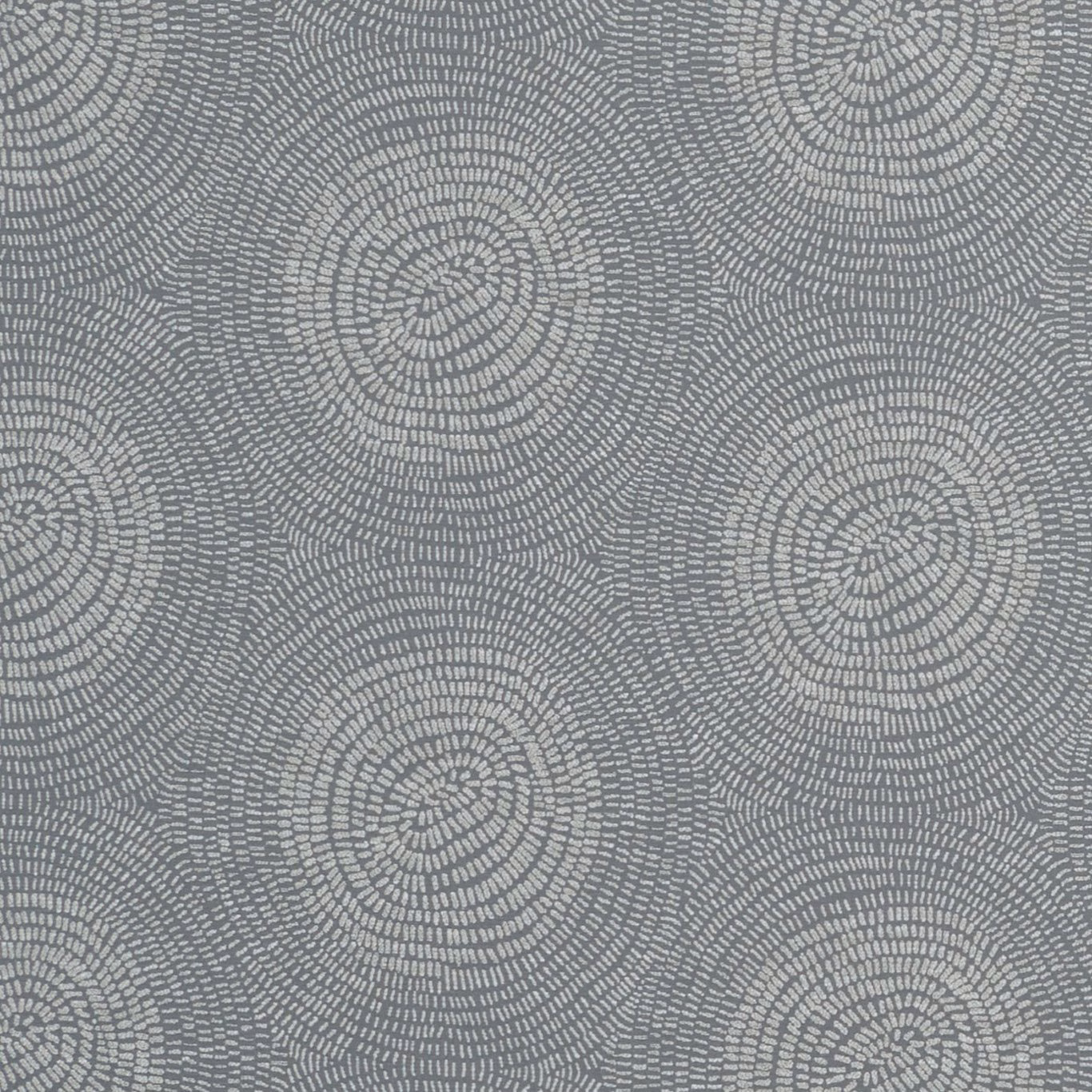 Cool pewter-grey fabric with pale broken concentric circular motifs and woven texture