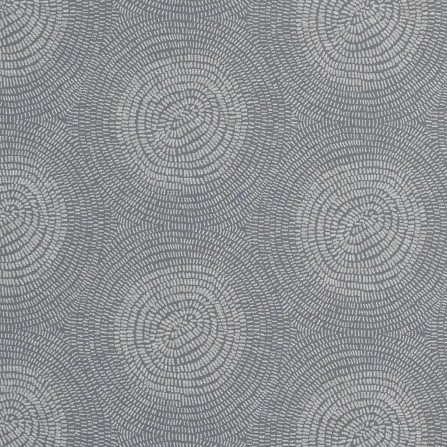 Cool pewter-grey fabric with pale broken concentric circular motifs and woven texture