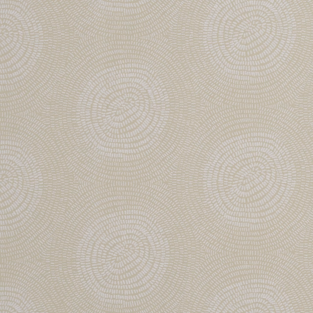 Warm sand fabric with pale ivory concentric log-ring motifs in an organic repeating pattern