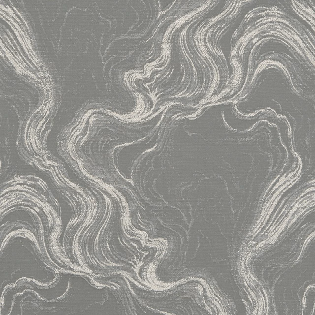 Cool pewter woven fabric with ivory, swirling mineral-like marbling