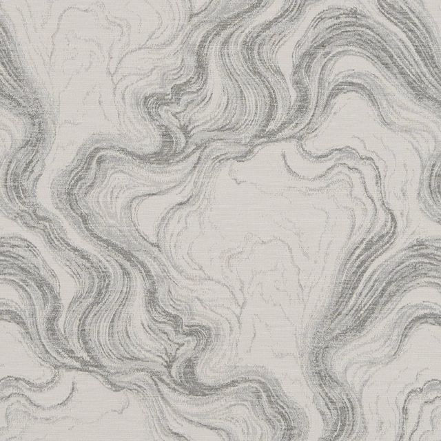 Cool silver-grey fabric with flowing charcoal marbled swirls and fine woven texture
