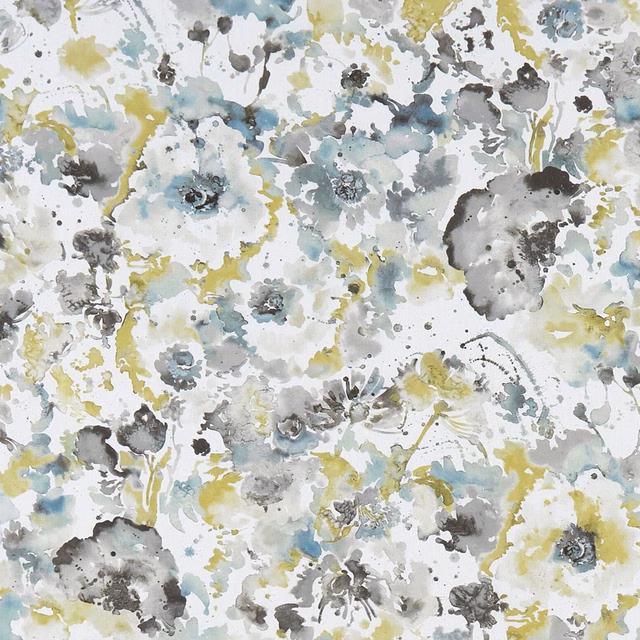 Blue-grey, charcoal and olive watercolour flowers on a pale mineral fabric ground