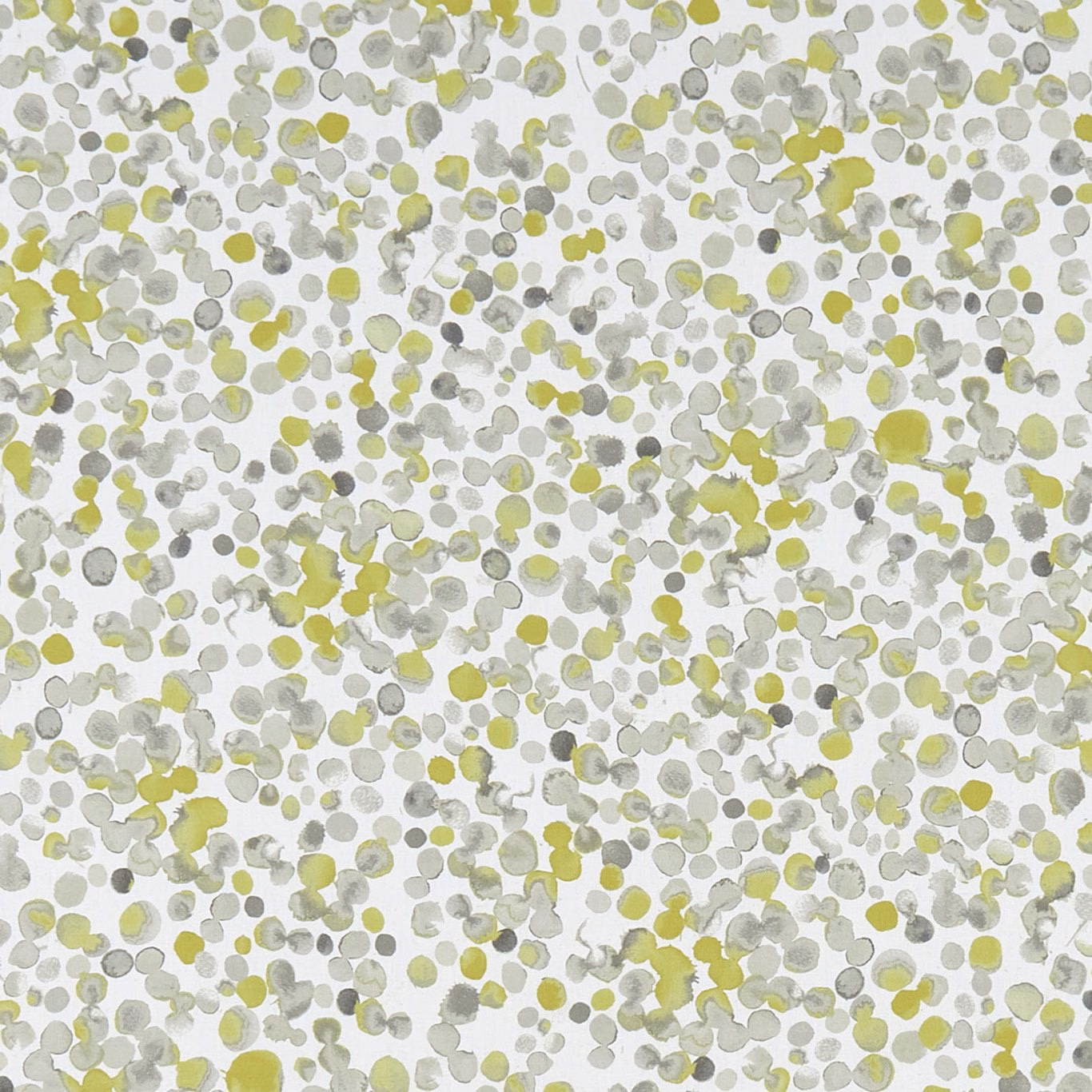 Small chartreuse, grey and white pebble-like marks scattered across a pale fabric ground