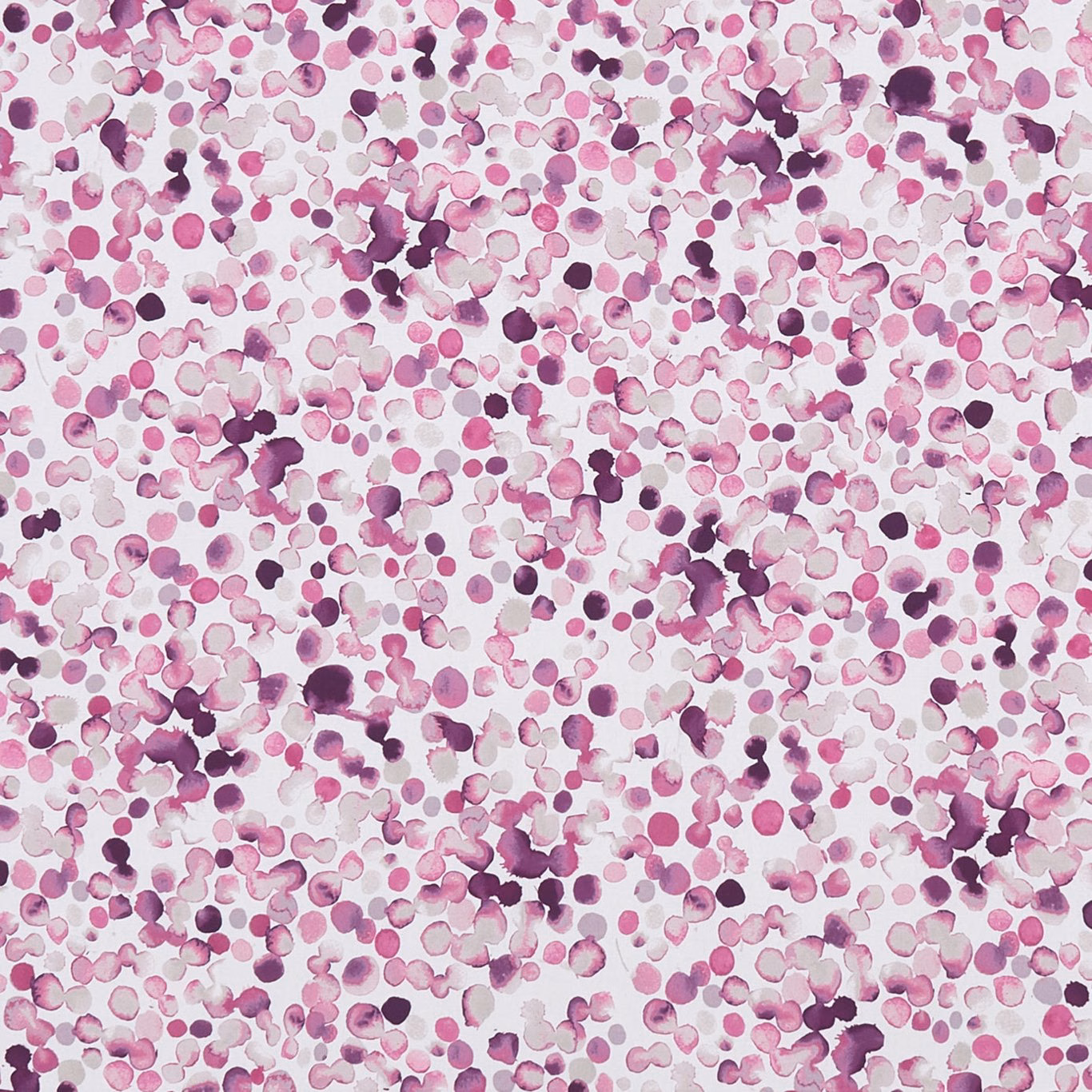 Dense magenta, plum and pink painterly spots scattered over a cream fabric ground