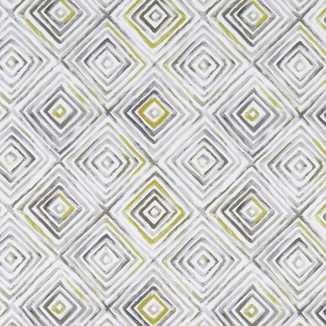 Off-white geometric diamond textile with charcoal outlines and chartreuse accents