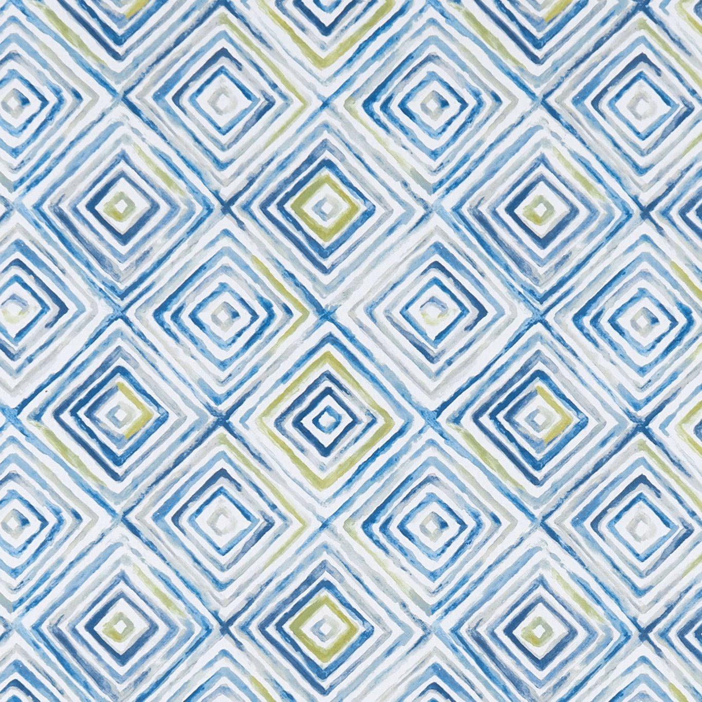 Mineral blue diamond fabric with olive accents and softly brushed geometric lines