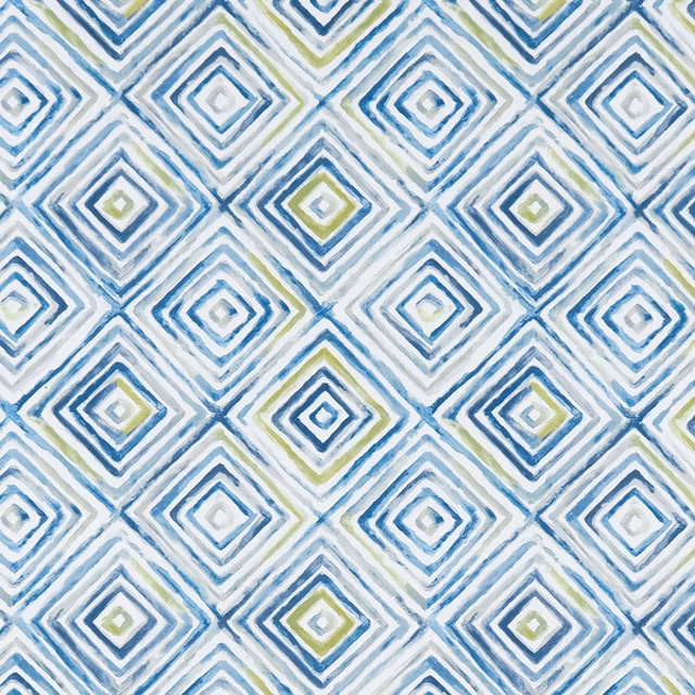 Mineral blue diamond fabric with olive accents and softly brushed geometric lines