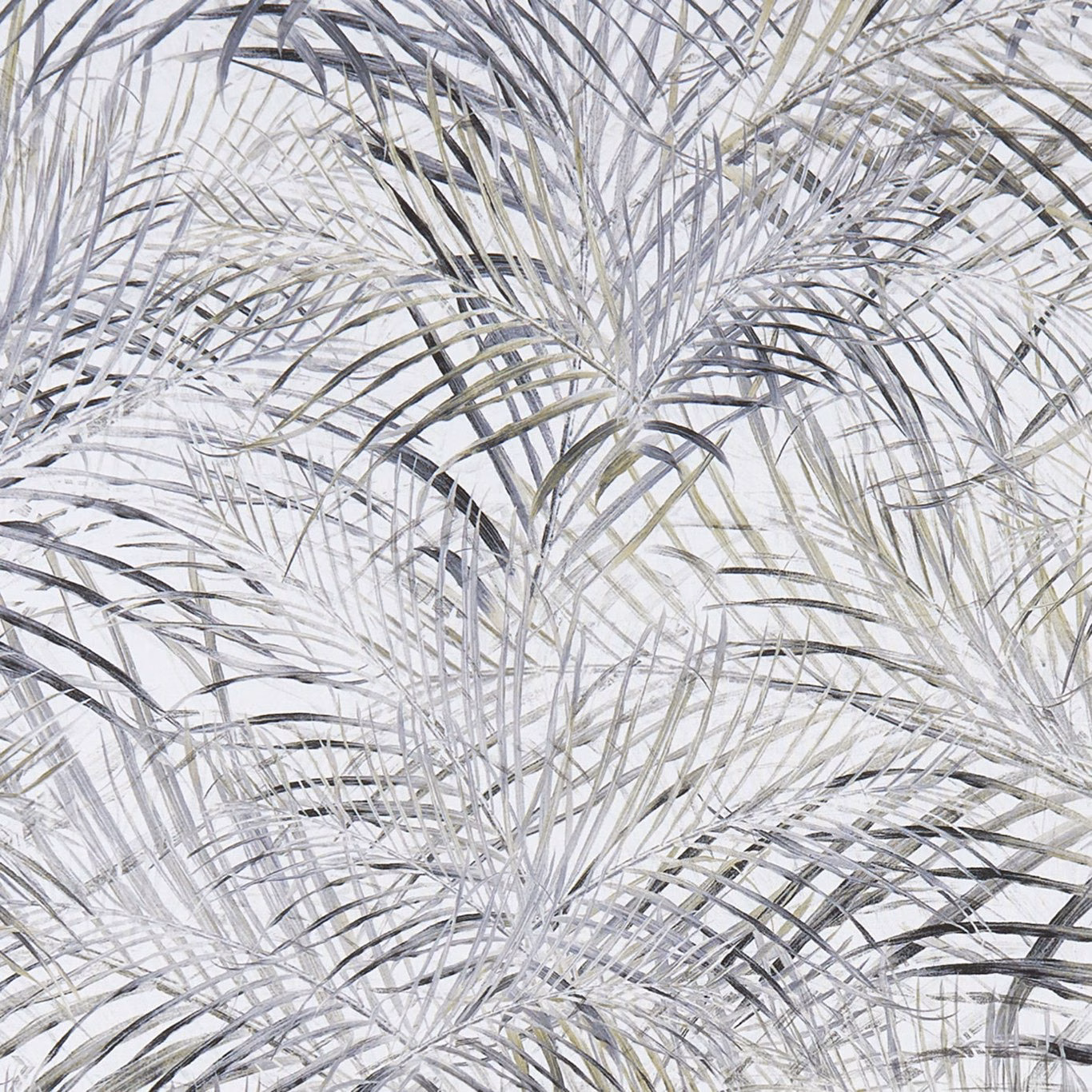 Overlapping palm fronds in charcoal, dove grey and muted olive on white