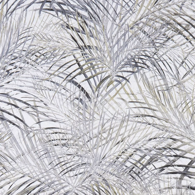 Overlapping palm fronds in charcoal, dove grey and muted olive on white