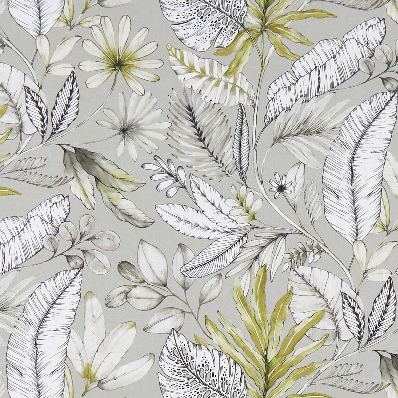 Soft grey botanical print with ivory leaves, charcoal linework and muted olive foliage