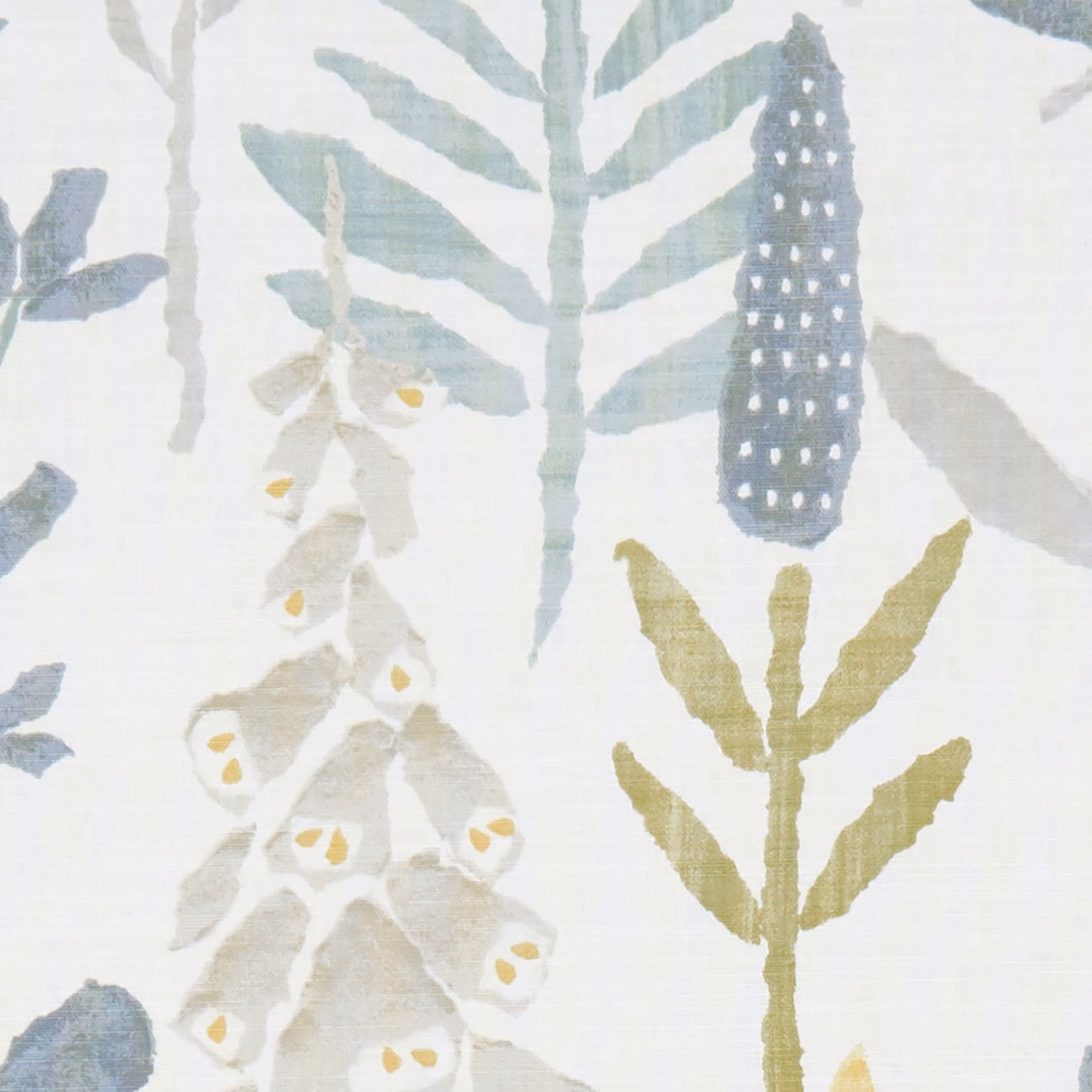 Pale chambray fabric with sage leaves, honey accents and stylised bellflowers