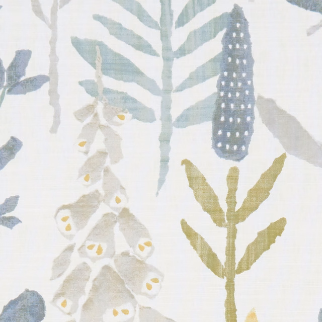 Pale chambray fabric with sage leaves, honey accents and stylised bellflowers