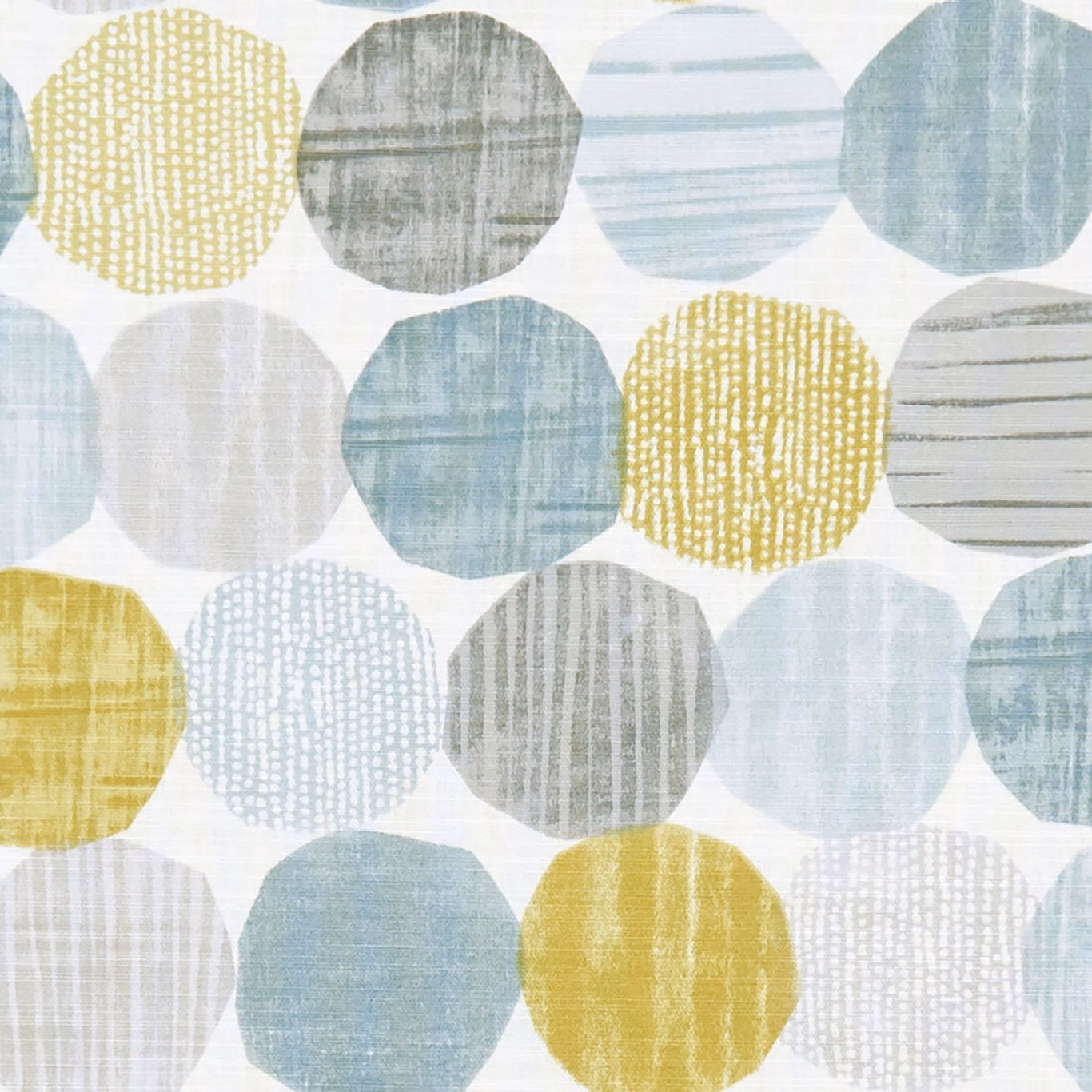Mineral blue, grey and ochre rounded motifs with softly striated textile texture