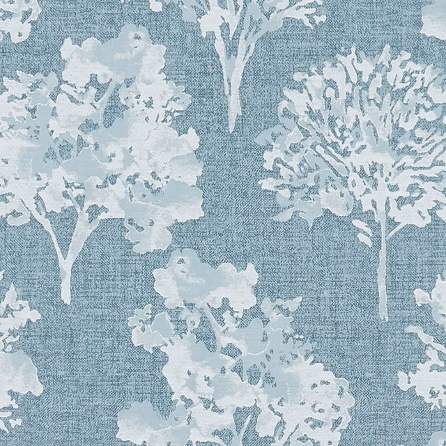 Blue-teal woven ground with icy pale trees and branching canopy motifs