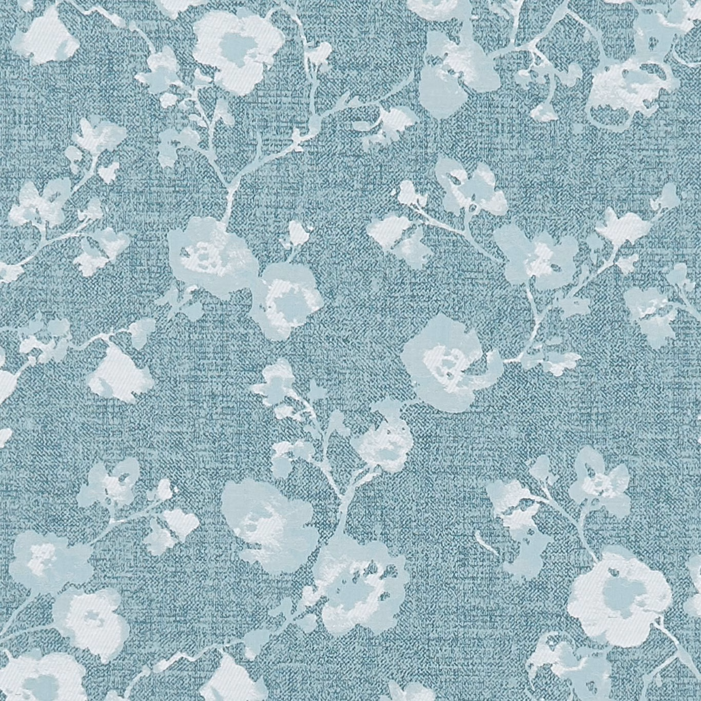 Muted aqua-teal floral weave with pale blossom branches and crosshatched texture