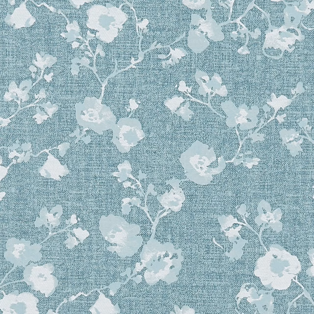 Muted aqua-teal floral weave with pale blossom branches and crosshatched texture