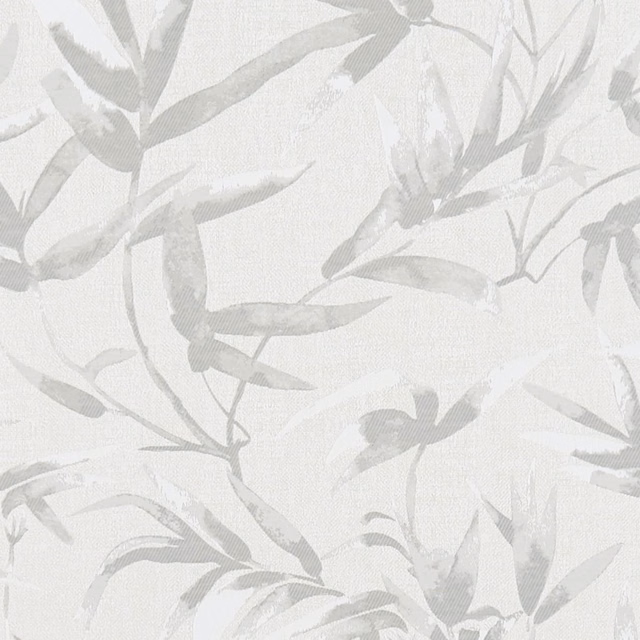 Soft ivory fabric with pale grey leafy branches and a fine woven texture