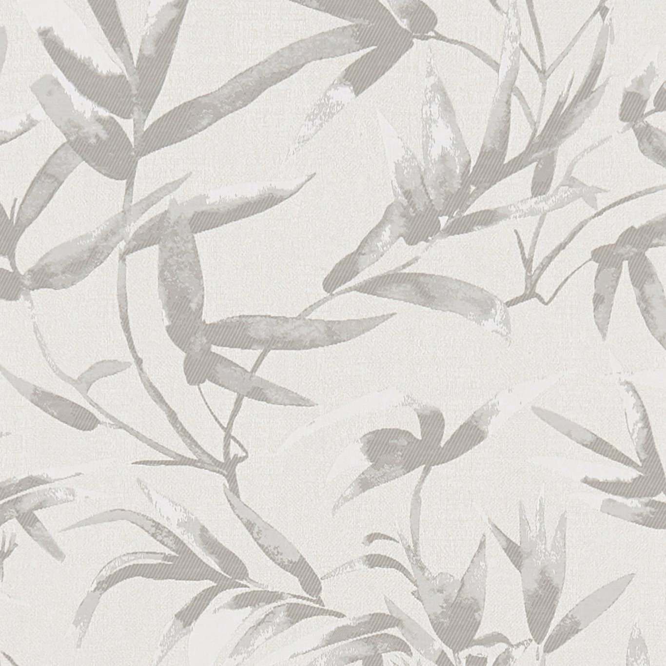 Pale pebble botanical fabric with soft grey leafy branches and fine texture