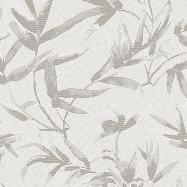 Pale pebble botanical fabric with soft grey leafy branches and fine texture