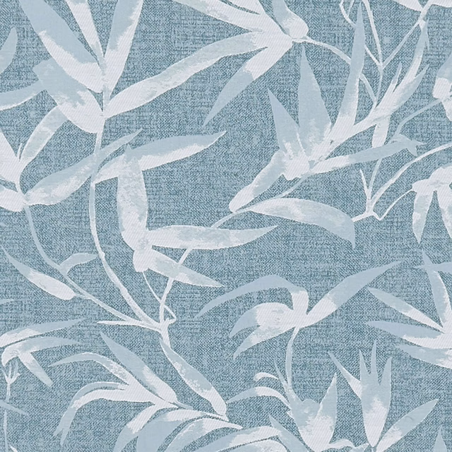 Muted blue-teal botanical fabric with pale sweeping leaves and fine woven texture