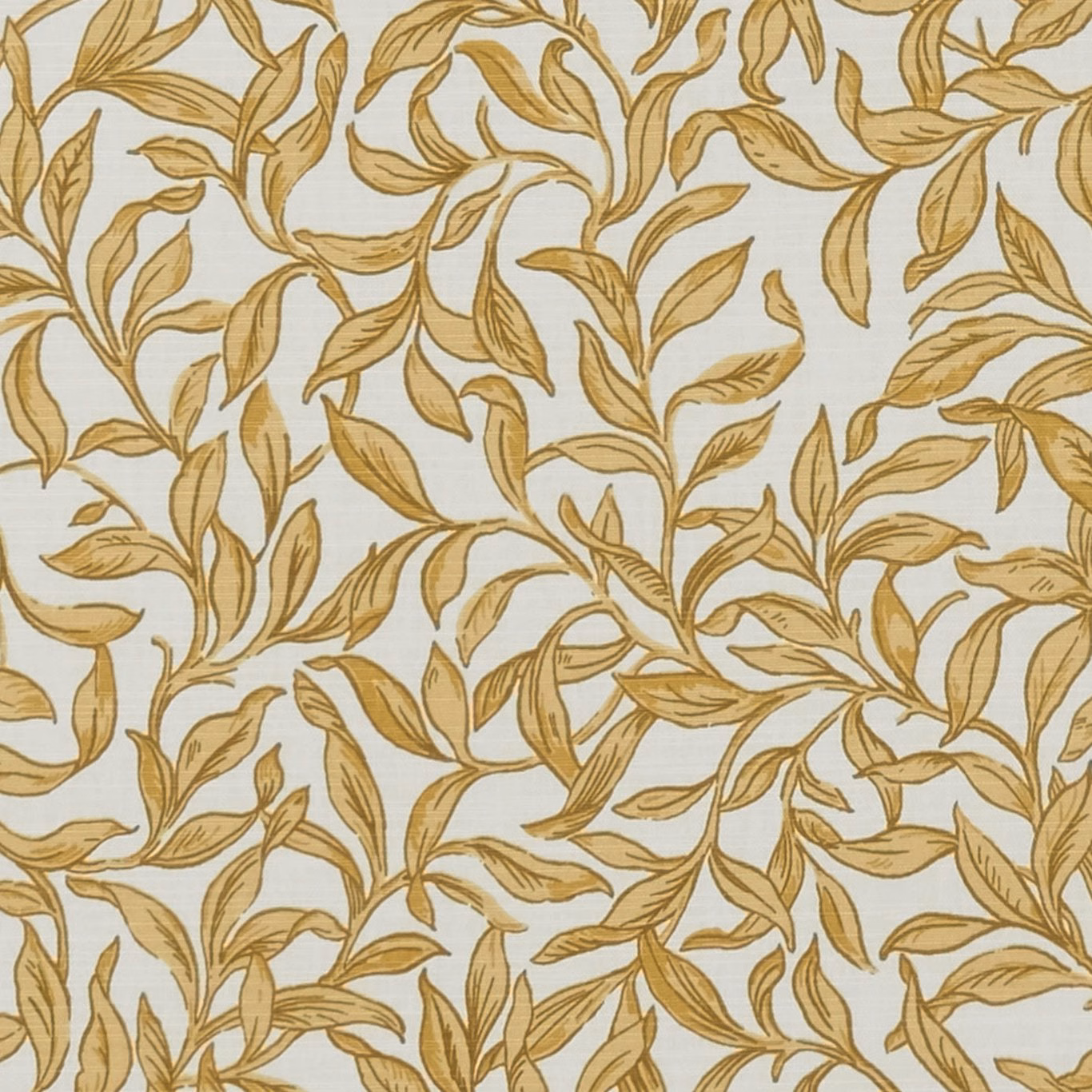 Warm gold scrolling leaves and fine stems on a pale ivory textile ground