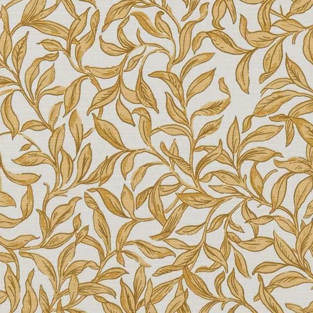 Warm gold scrolling leaves and fine stems on a pale ivory textile ground